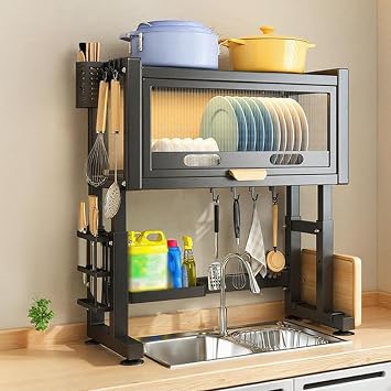 Metal Large Over-Sink Dish Drying Rack with Door Flap Multifunctional Dish Drainer Compatible with Countertop Storage Shelf for Plates BowlBlack,95CM/37.4IN