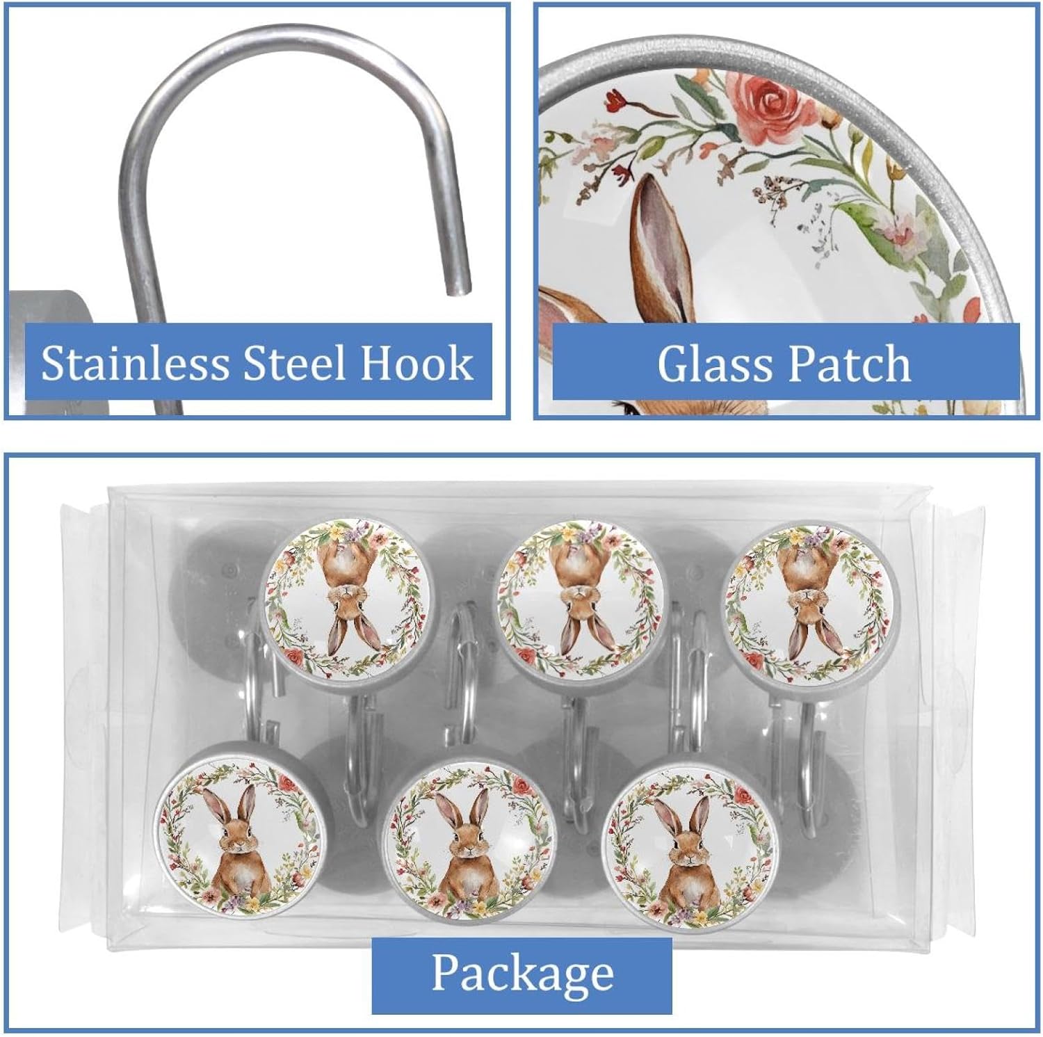 Brown Rabbit in Floral Wreath Shower Curtain Hooks Rings, rustproof Stainless Steel for Bathroom Shower Rod, 12 Pack