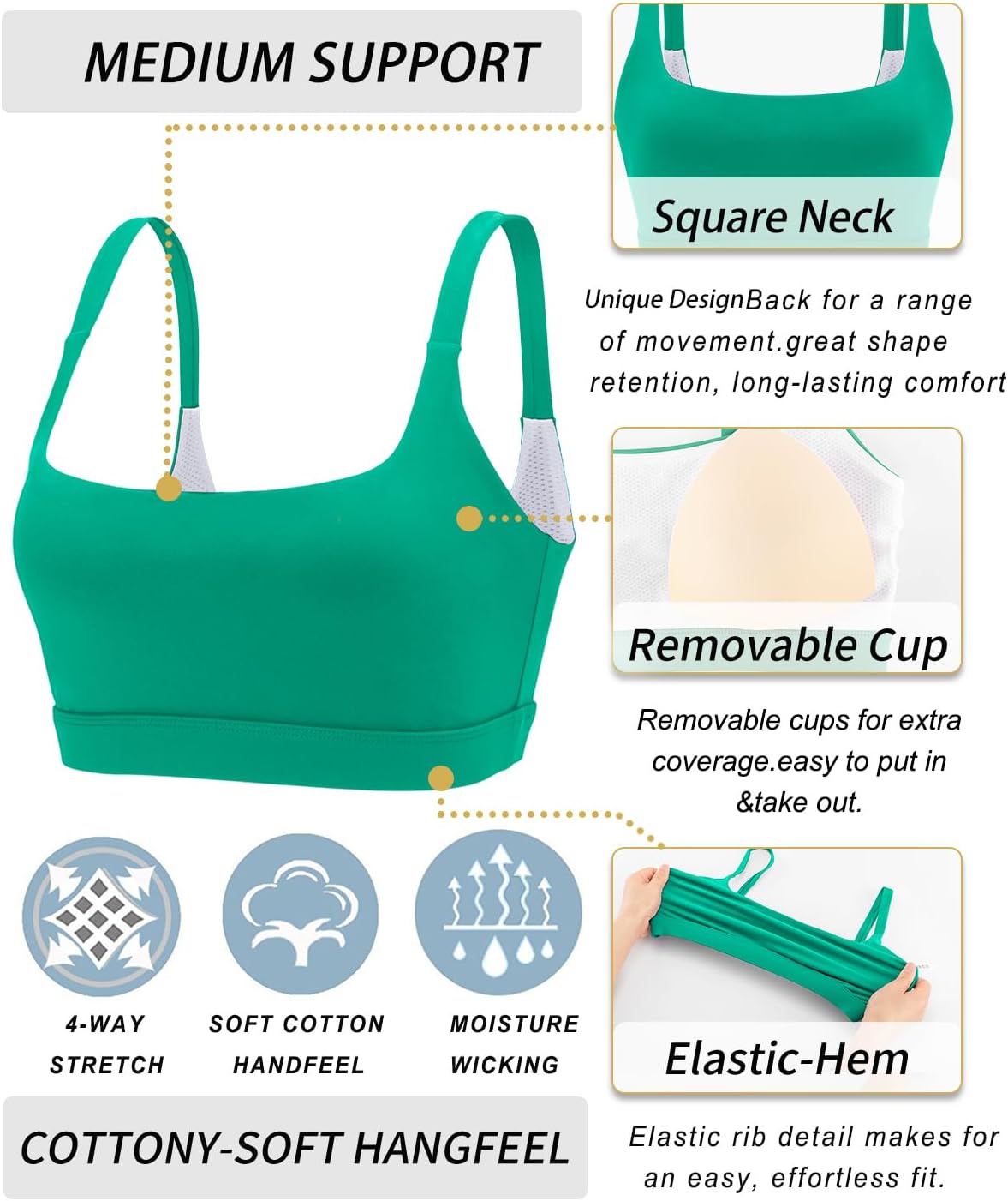 RUNNING GIRL Sports Bras for Women,Square Neck Sports Bra Medium Support Yoga Bra Workout Crop Top with Removable Cups - Image 5