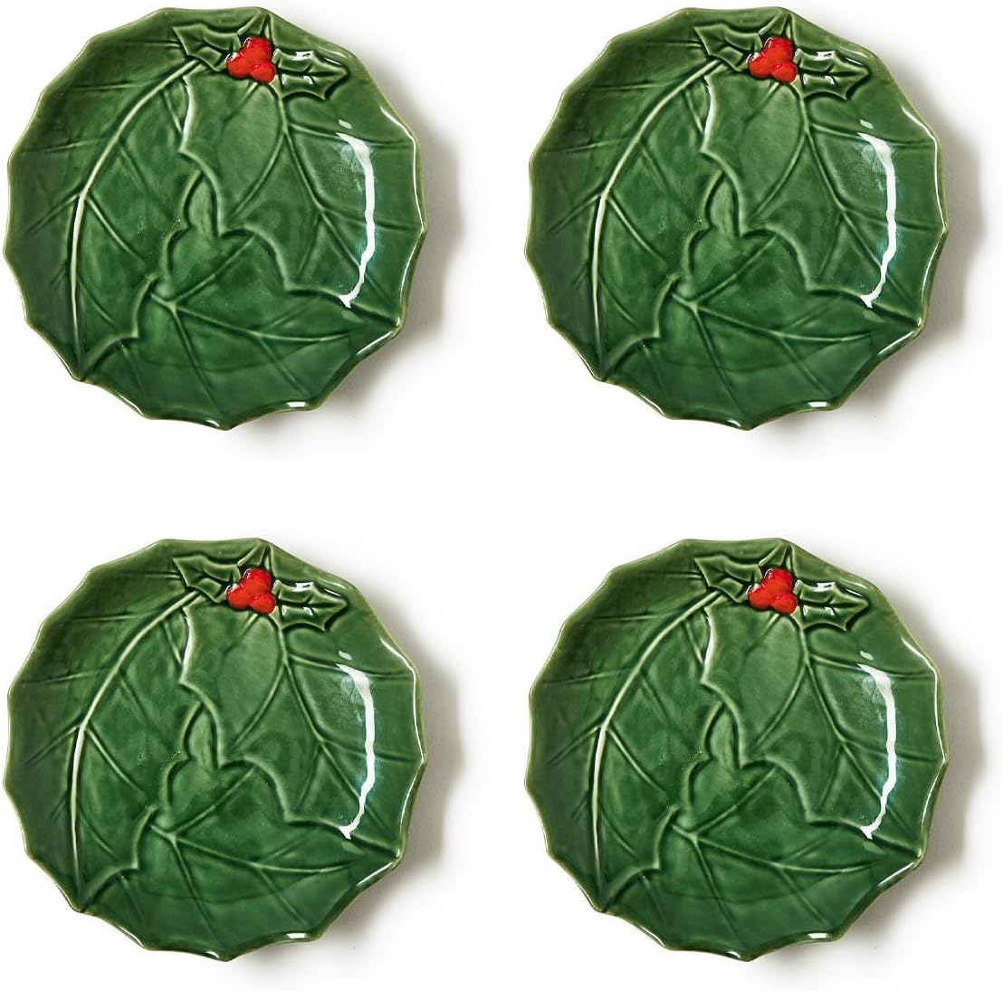Two's Company Holiday Holly Tidbit Plates with Berries, Set of 4, 7-inch Diameter, Stoneware, Green and Red, 82409