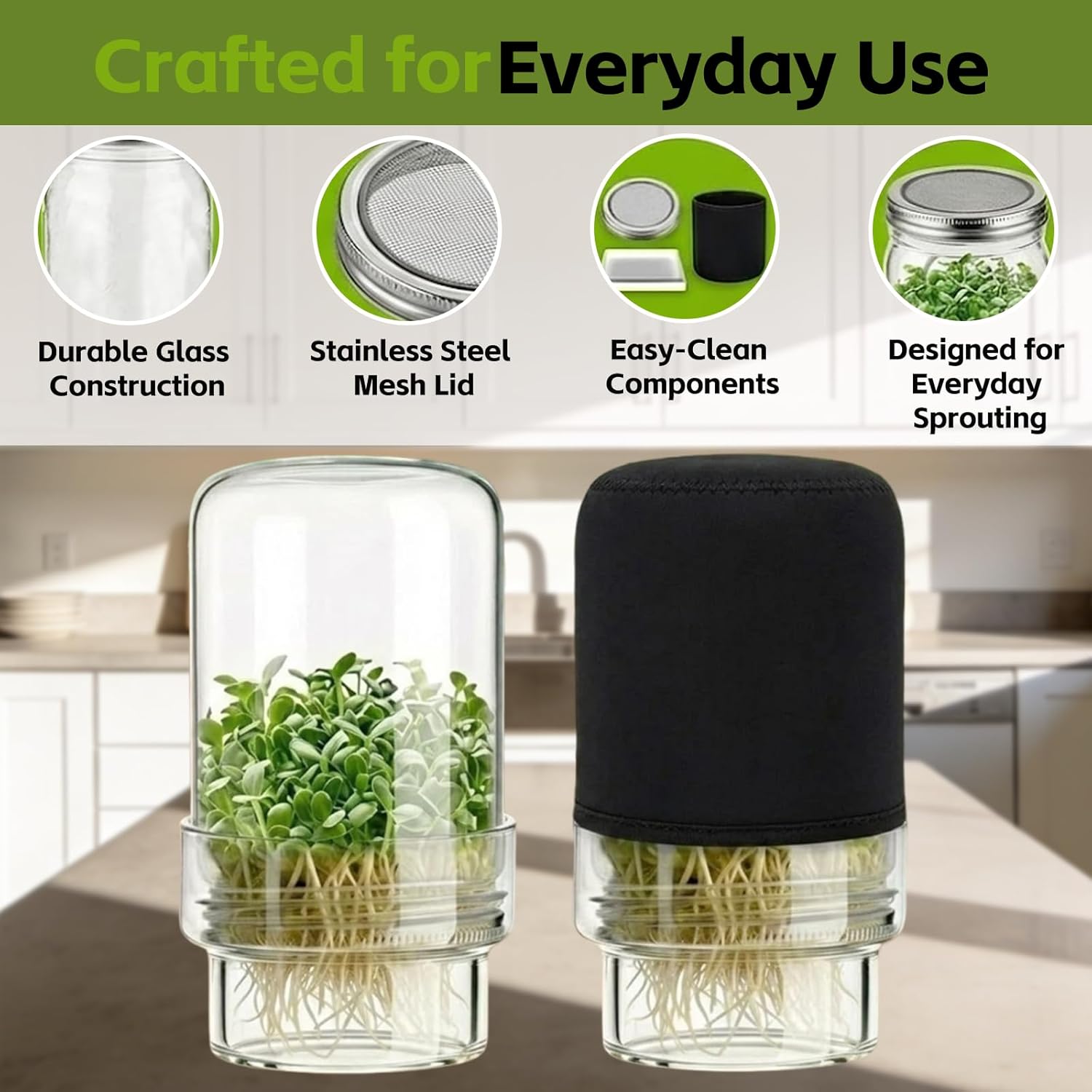 Seed Sprouting Kit 2 Wide Mouth Mason Jars with Stainless Steel Screen Lids & Drip Covers Complete Sprouter Growing Kit for Broccoli, Alfalfa, Mung Beans Home Gardening Gift for Adults & Kids