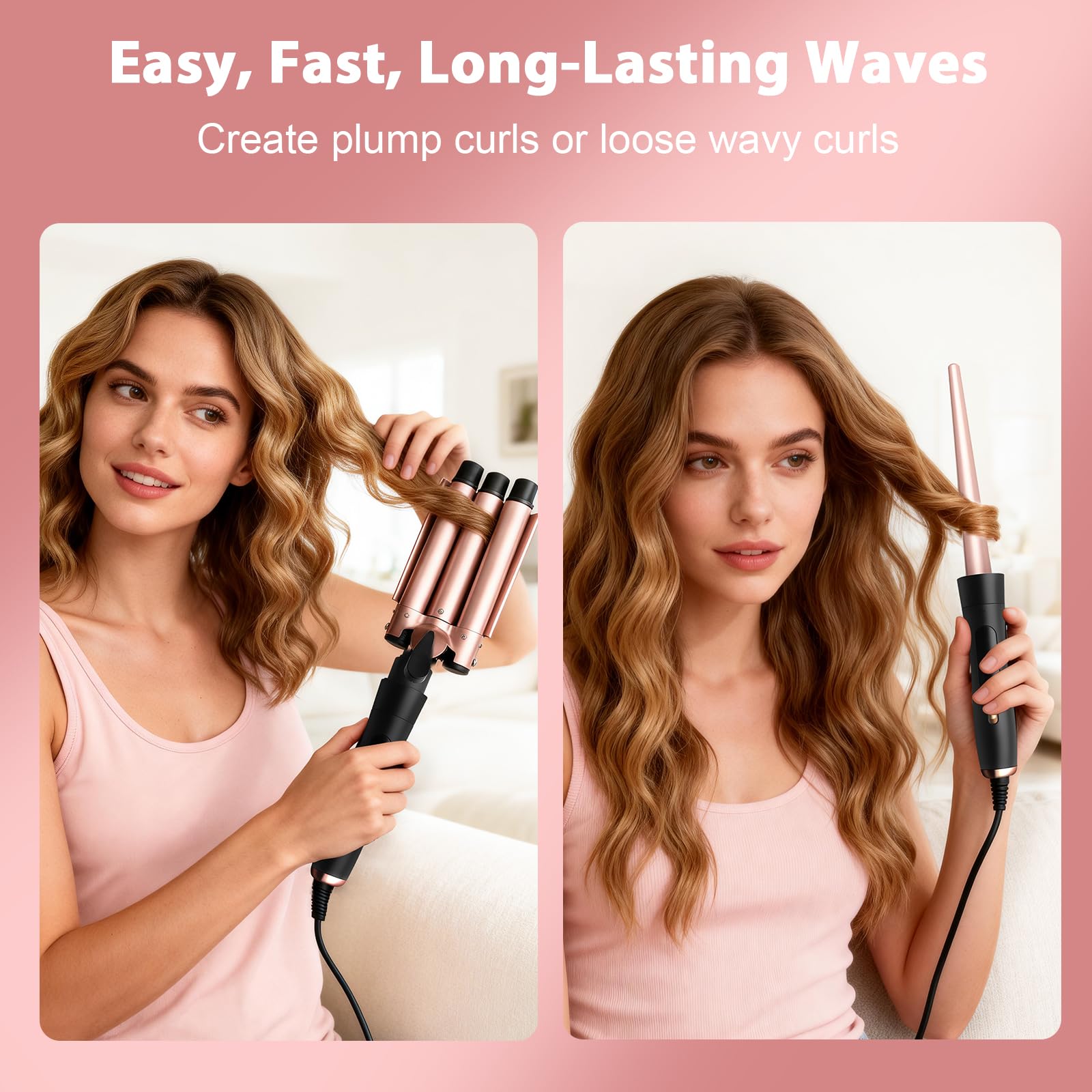 Juego de planchas de ondas (5 en 1, incluye Crimper Waver y 4 barriles de cerámica para crear olas grandes, calentamiento rápido de pelo