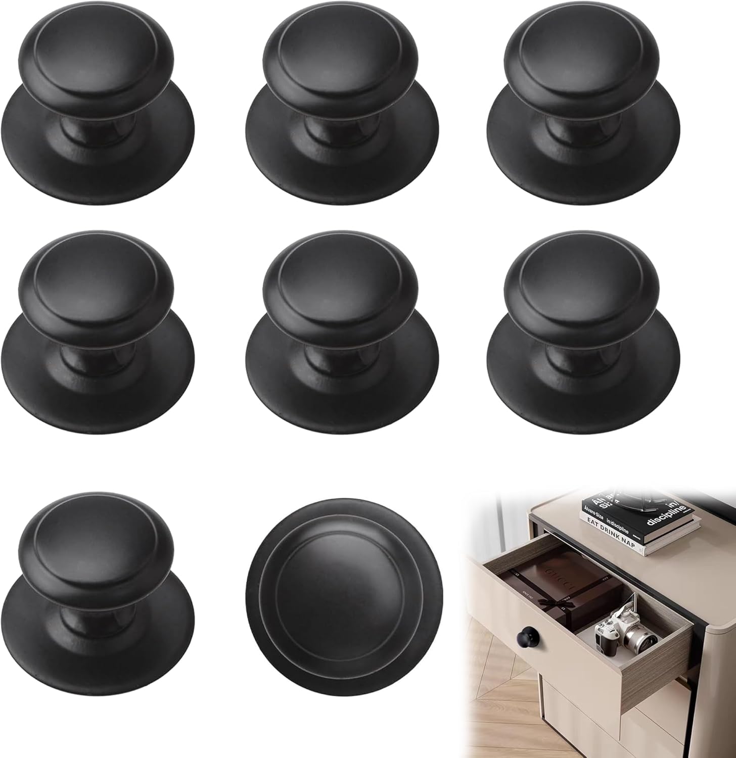 Stainless Steel Drawer Knobs 8 Pcs Matte Black Cabinet Handle Pulls 1.18 Inch Self-Adhesive Sliding Door Handle No Drill Stick Cabinet Handles Round Knobs for Mirror Glass Cabinet Cupboard Drawer
