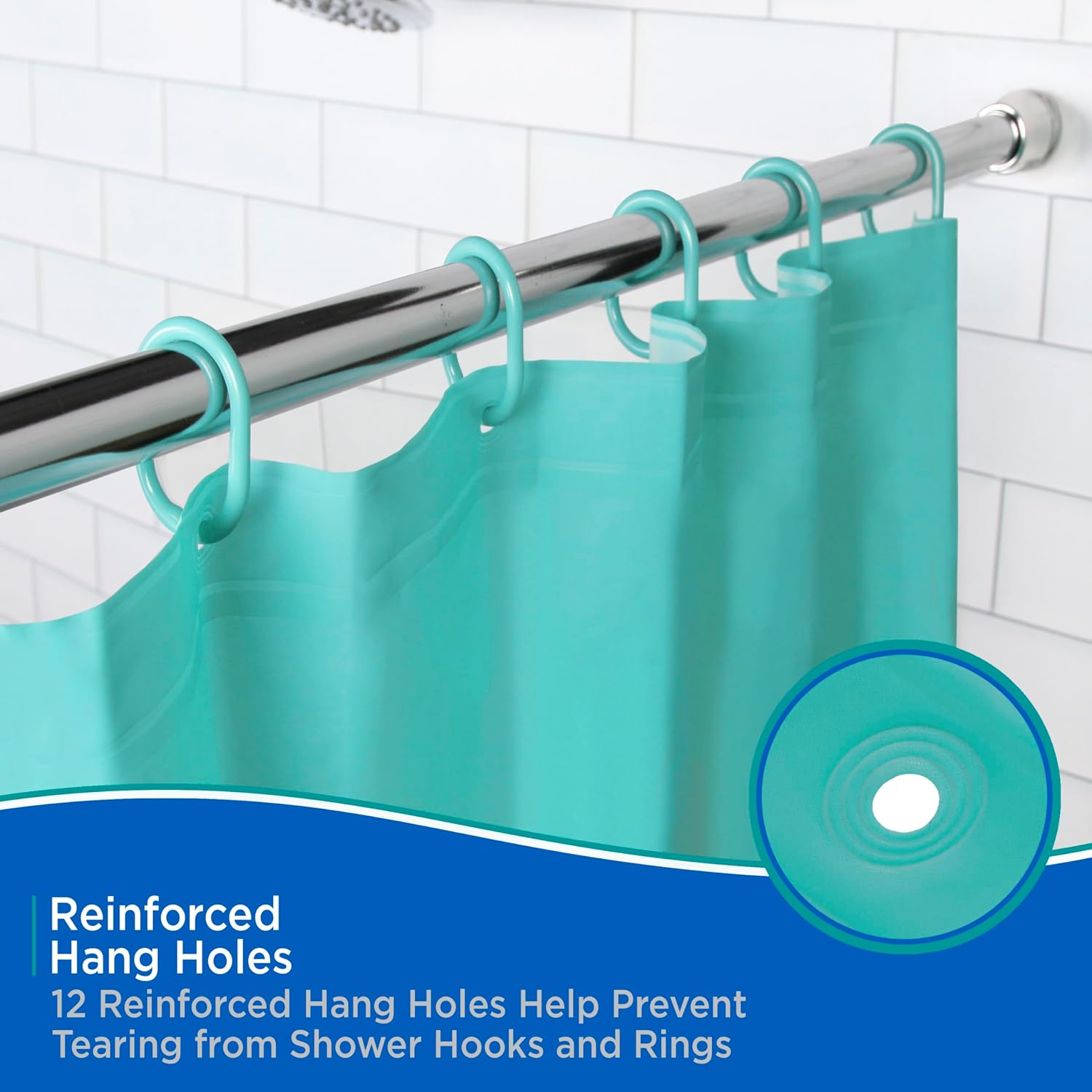 Kenney KN61748 Lightweight 3 Gauge Waterproof PEVA Shower Curtain Liner with Durable Eyelet Hang Holes, Weighted Magnetic Hem, and 12 Piece Plastic C-Ring Set for Bathroom, 70" W x 72" H, Turquoise