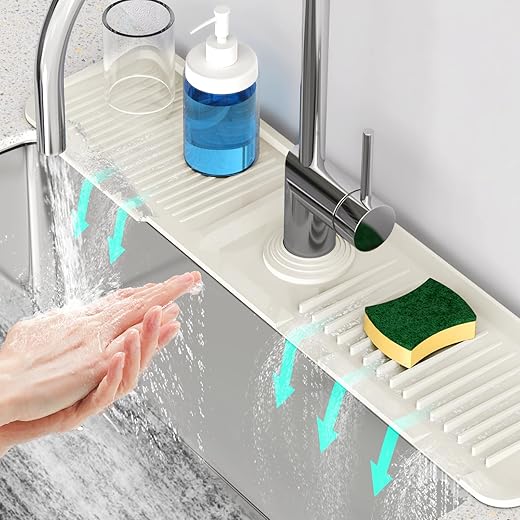 24'' Faucet Mat for Kitchen Sink [5°Slope Fast Self-draining] Faucet Mat Kitchen Sink Splash Guard Silicone Sink Faucet Mat Splash Guard Kitchen Sink Area Tidy Splash Faucet Guard Draining Mat-Beige