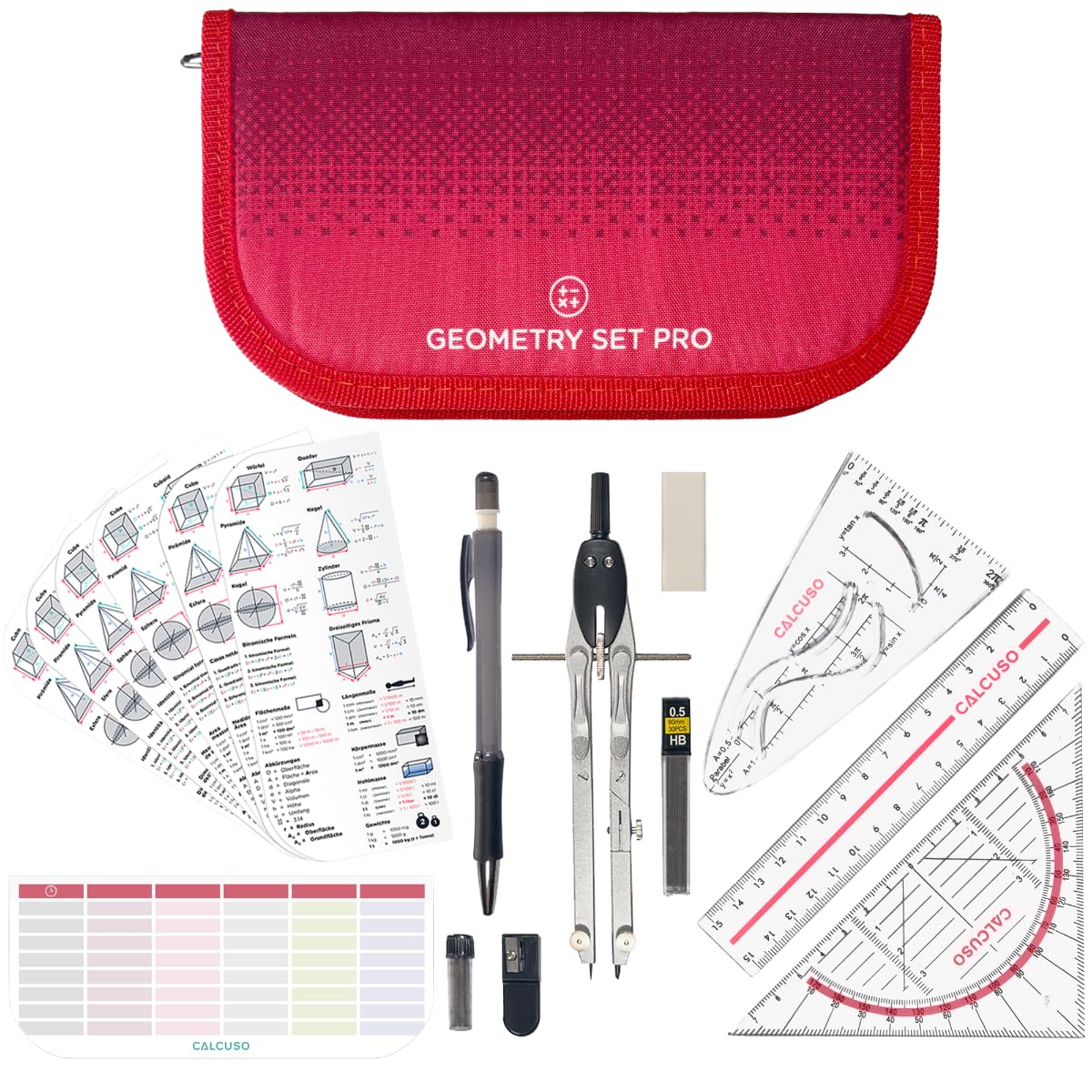 CALCUSO GEOMETRY SET PRO in a red pencil case with compass and protractor, Practical case for school university, office