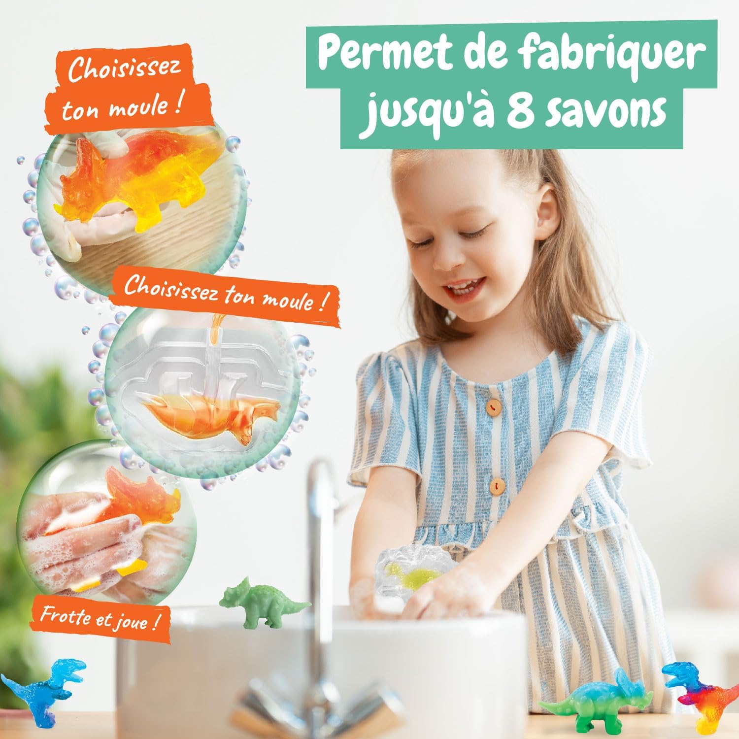 A child demonstrating the steps of choosing a mold, mixing soap, and washing hands with the finished dinosaur soap.