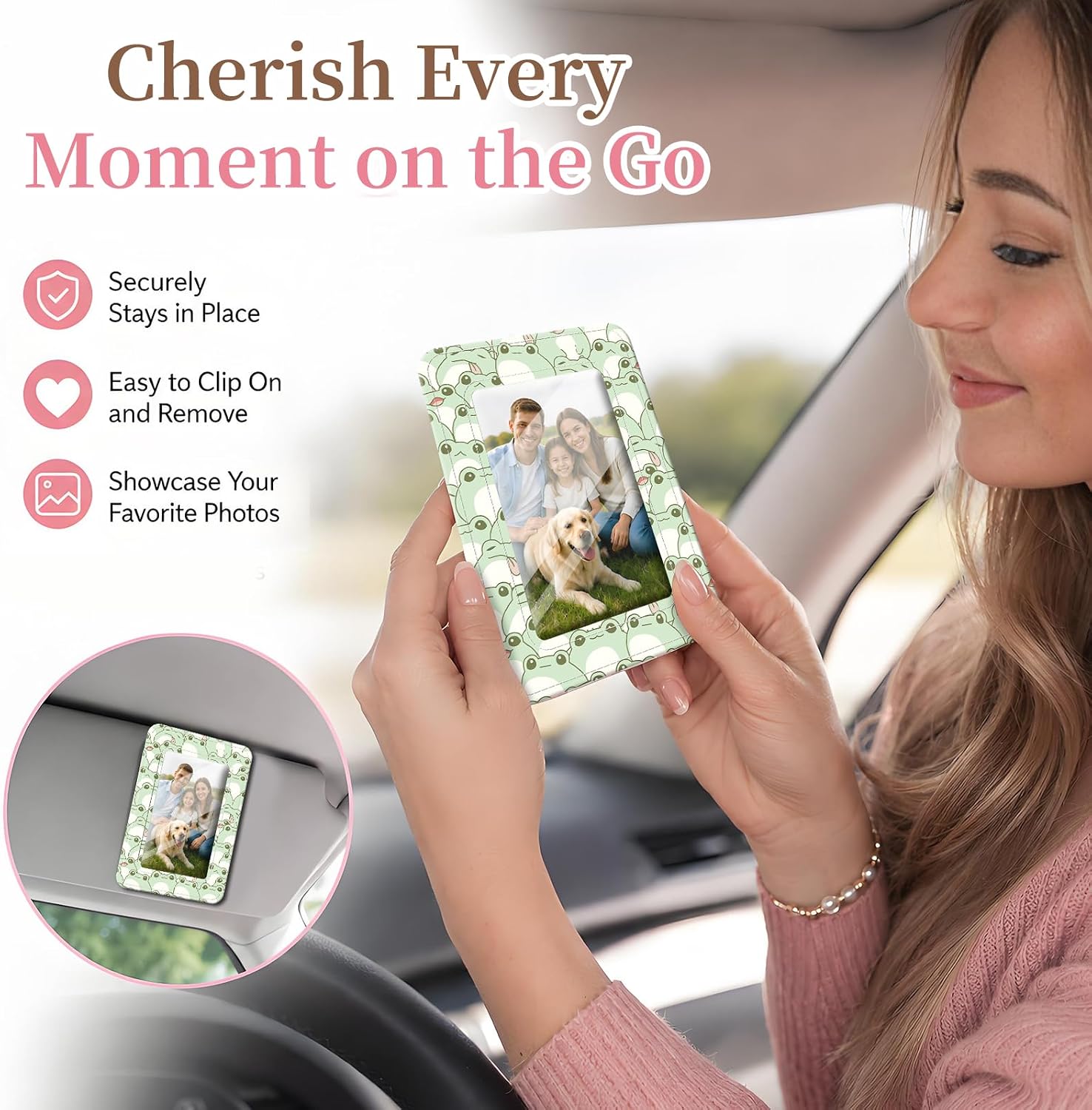 Leather Car Picture Holder and Visor Photo Clip, Cute Car Photo Holder Display Visor Photo Frame Vertical, fit 2.36"x3.54" Photo Cute Frog image 4