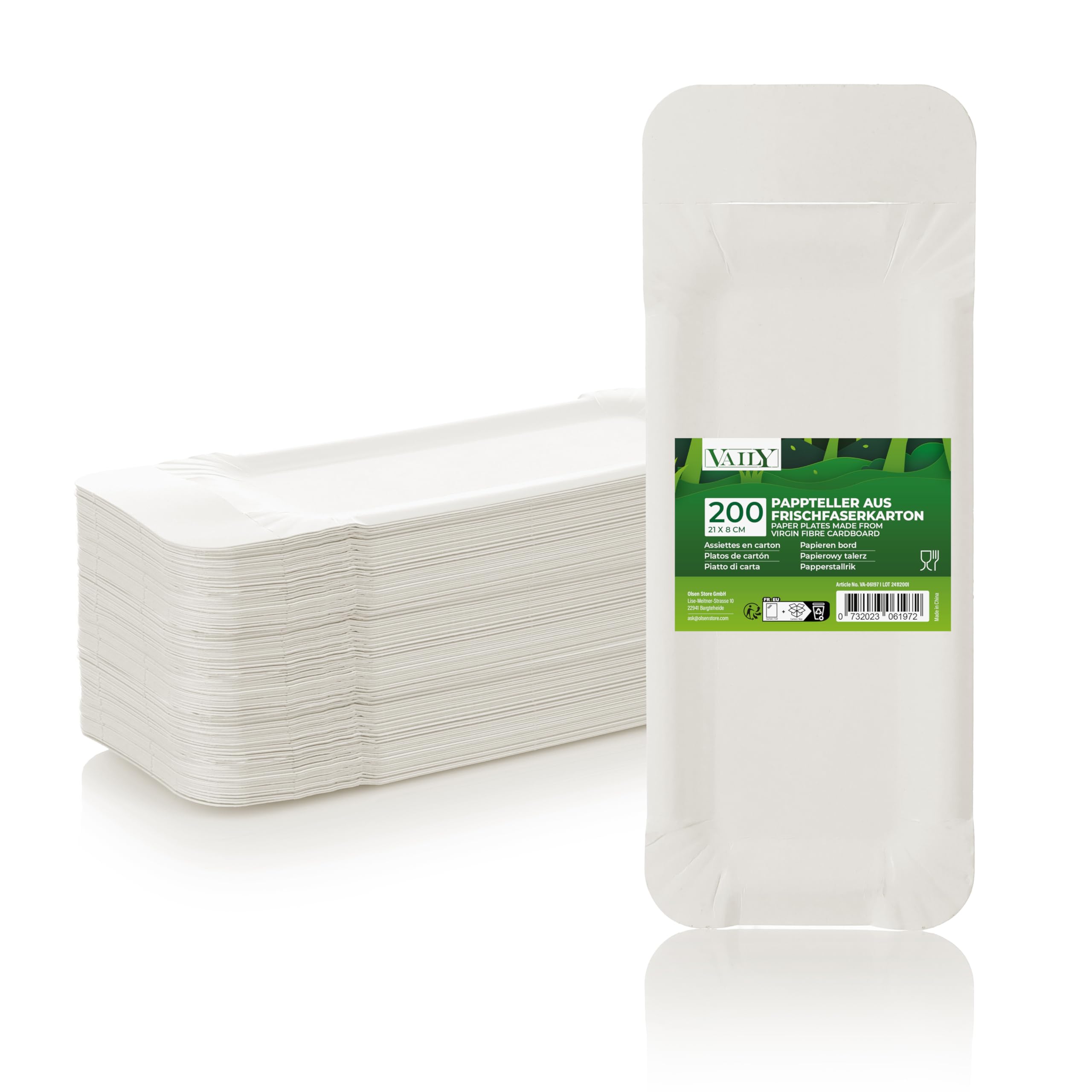Vaily Pappteller mit Anfasser 8 x 21 cm Eckig 200er Pack für Bratwurst - Einwegteller, Einweggeschirr, Wurstpappen für Grillpartys, Geburtstag und Partys, Weiß