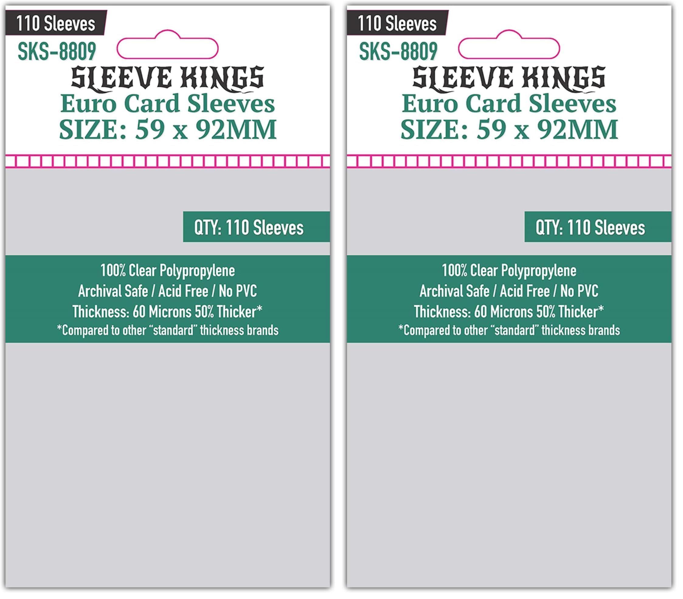 Sleeve Kings Standard Card Sleeves – 110 Count, Clear 60 Micron Thickness, Medium Euro Size (59 x 92 mm), Compatible with Dominion &amp; More – SKU: SKS-8809 (Pack of 2)