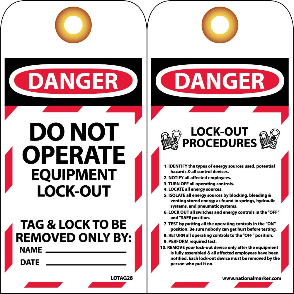 NMC LOTAG28 Danger DO NOT Operate Equipment Lock-Out TAG & Lock to BE Removed ONLY by: Tag - [Pack of 10] 3 in. x 6 in. Vinyl 2 Side Danger Tag