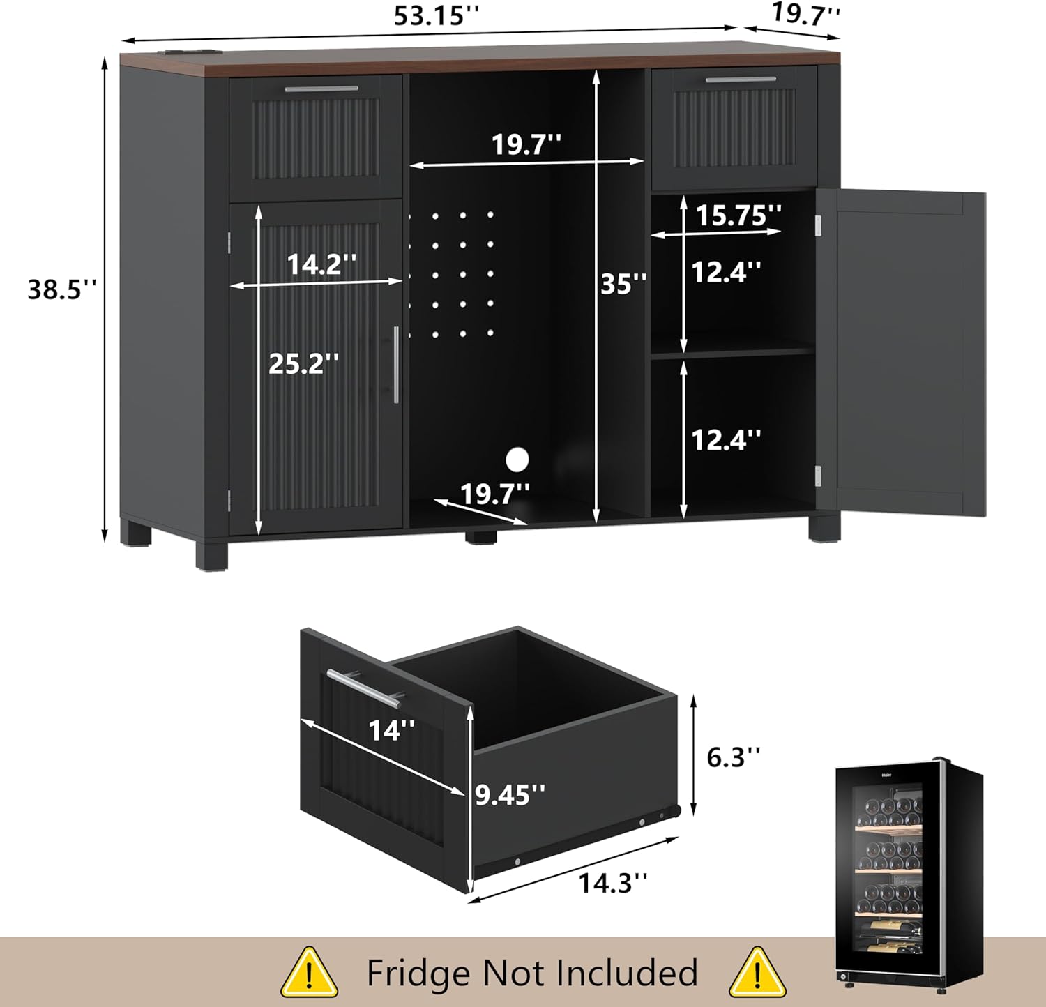 Large Coffee Bar Cabinet with Fridge Space, 53.2" Fridge Cabinet with Power Outlet & Pull Out Drawer, Modern Fluted Design Wine Cabinet with Storage for Home, Kitchen, Dining Room,Black