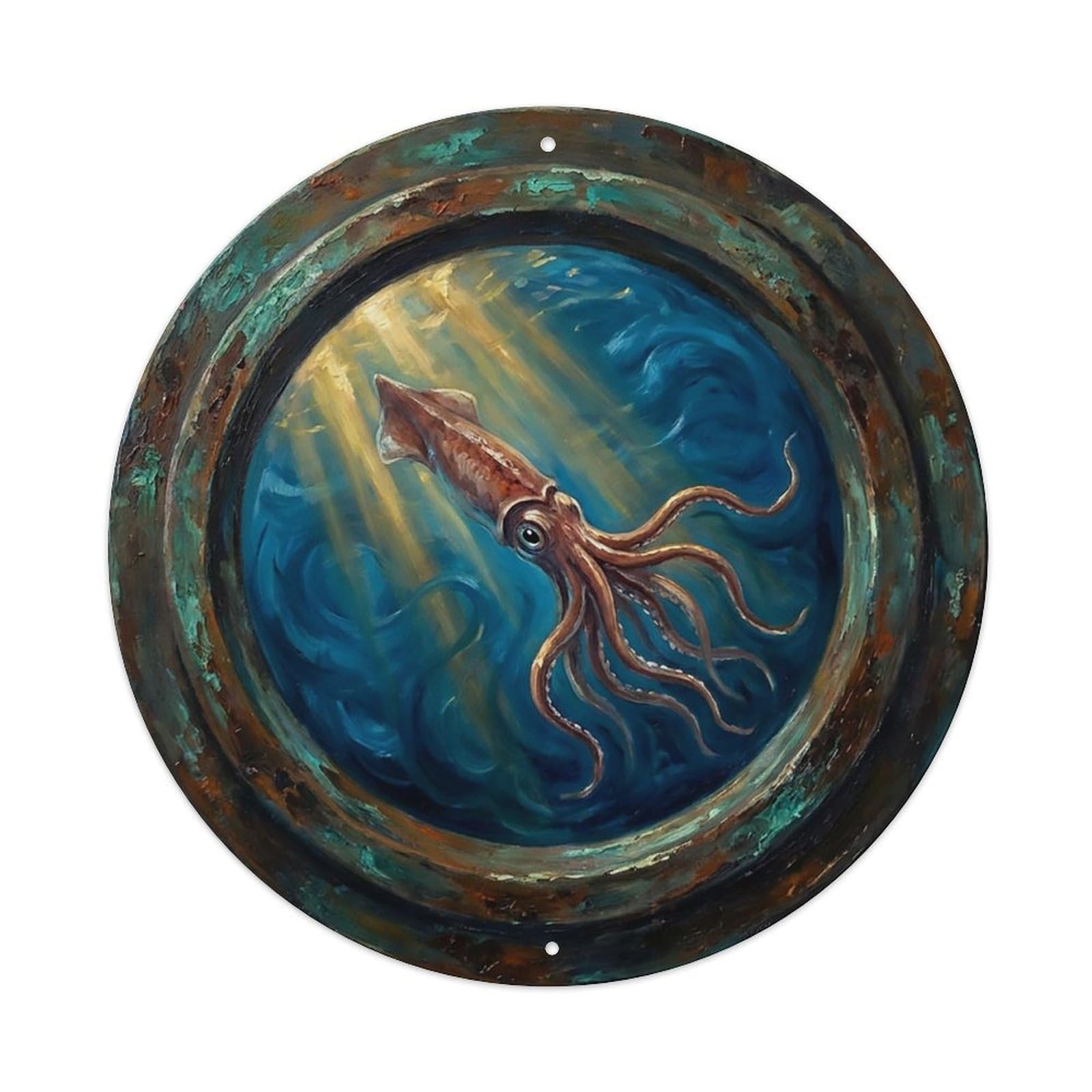 Vintage Porthole Squid Swimming Ship Window Undersea Deep Sea Metal Tin Sign