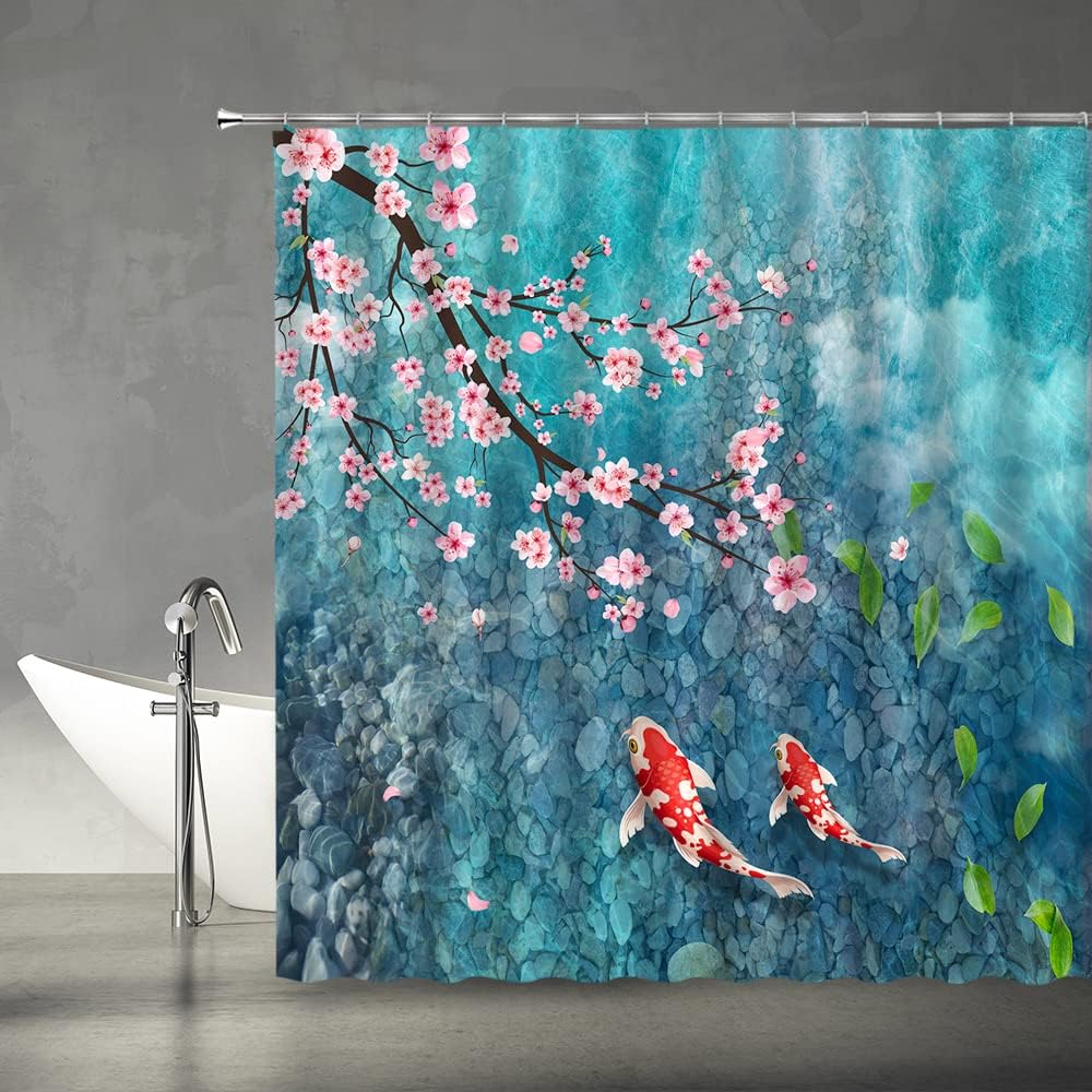 Cherry Blossoms Shower Curtain Koi Fish Japanese Pond Pink Flower Asian Watercolor Carp Nature Fabric Bathroom Decor Set with Hooks(70" Wx78 H)