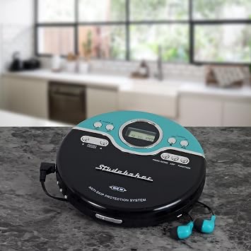 Studebaker Retro Portable CD Player | CD-R/RW MP3 Playback | Programmable Personal CD Player | Anti-Skip | FM Radio | Mega Bass Boost | Sport Earbuds (Vintage Turquoise)