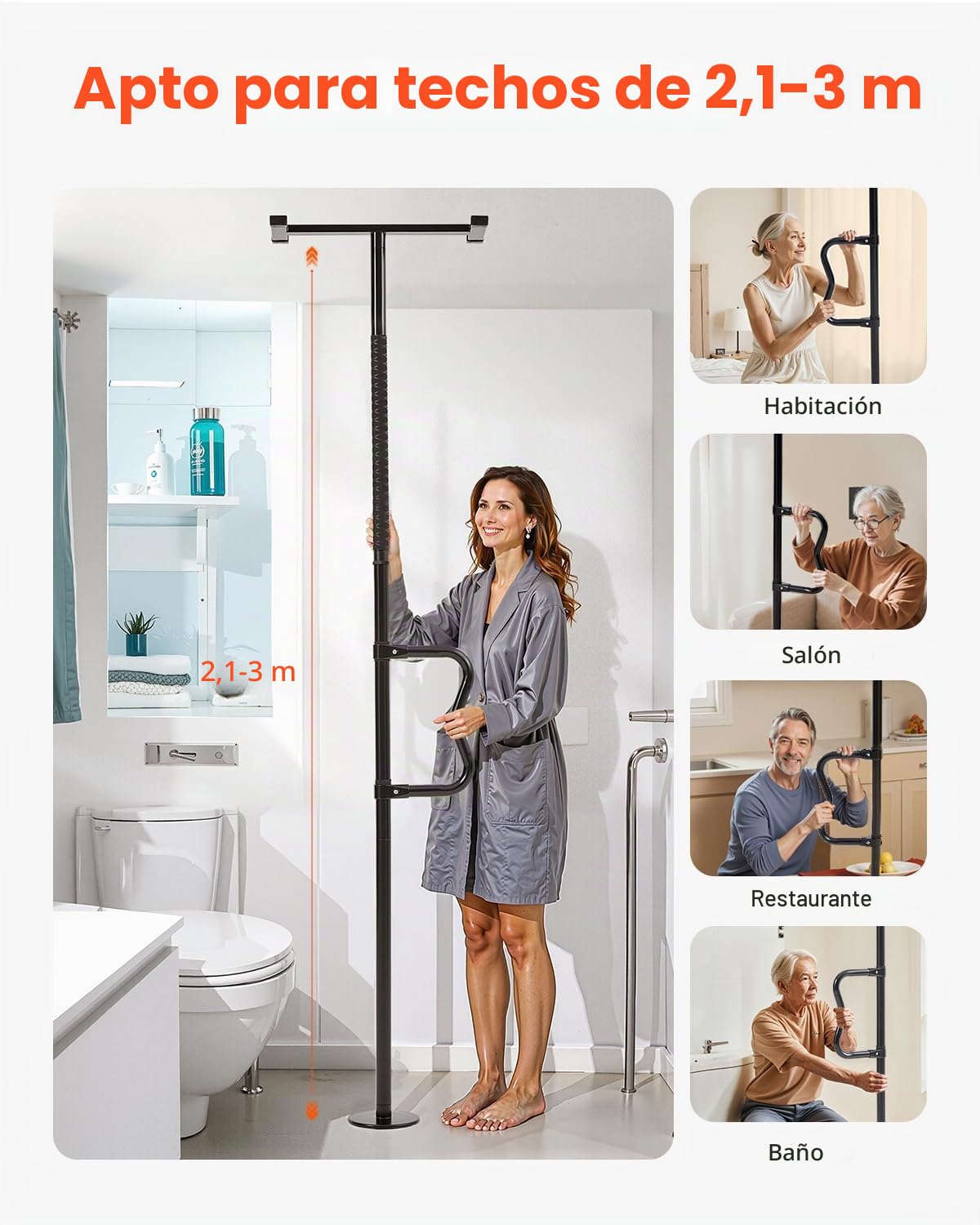VEVOR Barra de Transferencia de Piso a Techo para Baño con Montaje a Tensión y Mango Curvo Antideslizante, con Capacidad de 136 kg para Personas Mayores, para Techos de 2140-3050 mm, Negro