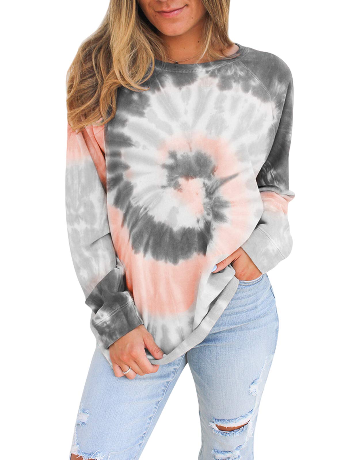 Misyula StyleWomen Tie Dye Sweatshirt Color Block Long Sleeve Crewneck Oversized Tshirt