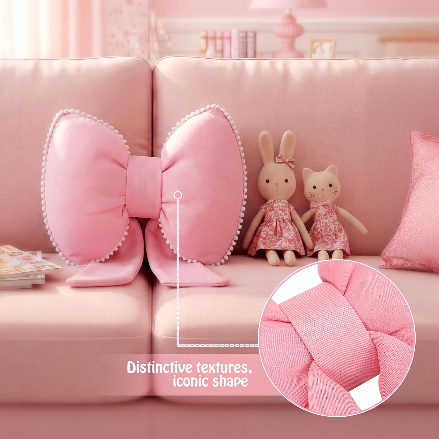 Kathfly Pink Bow Pillow Soft Bow Shaped Throw Pillows Decorative Cute Cushion Aesthetic Home Decor for Room Bed Sofa Couch(Lace Trim,Silk)