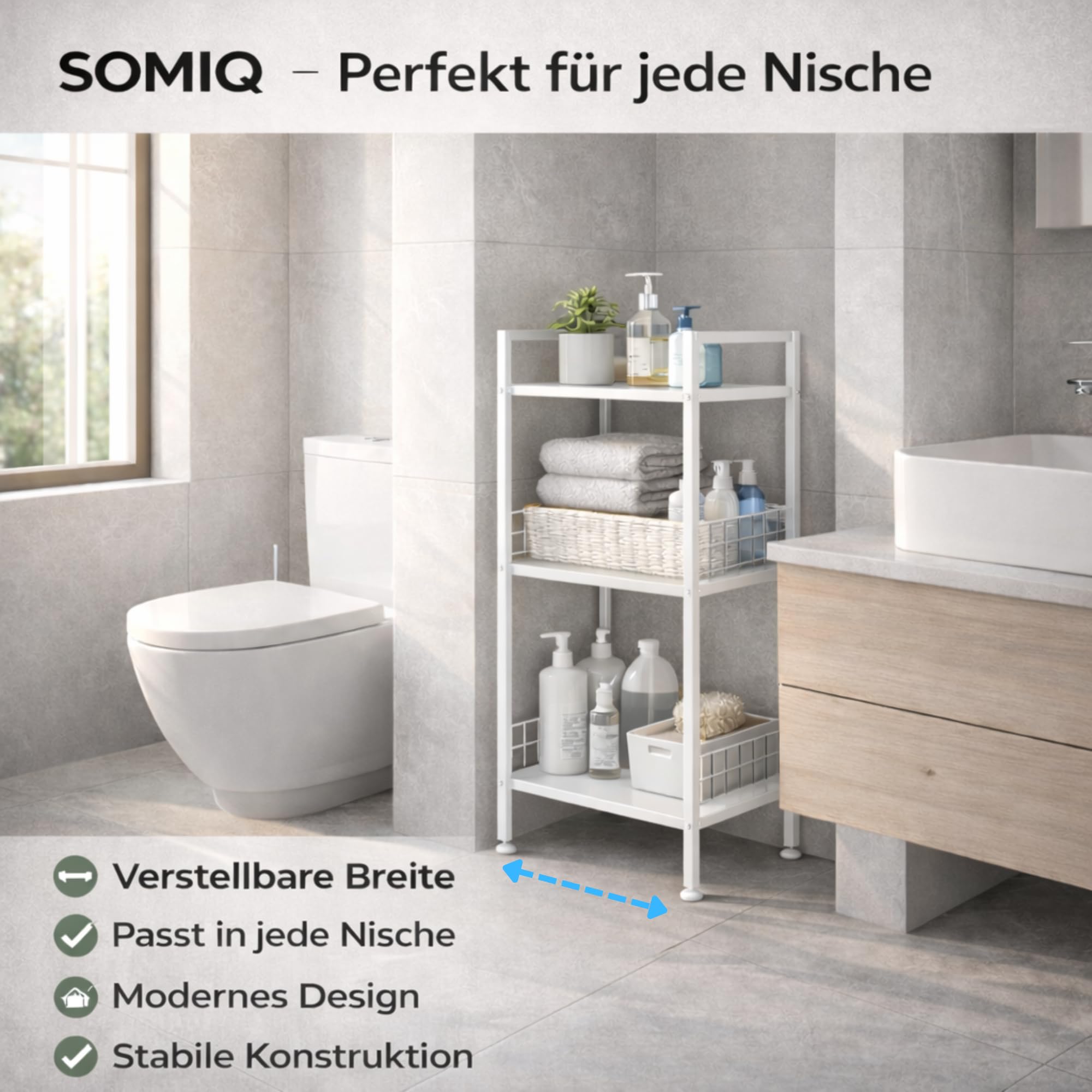 Verstellbares Nischenregal Metall – 21–32,5 cm ausziehbar – Schmales Badregal 3 Ebenen – Freistehend für Bad, Küche, Waschmaschine & Abstellraum – 60 kg belastbar