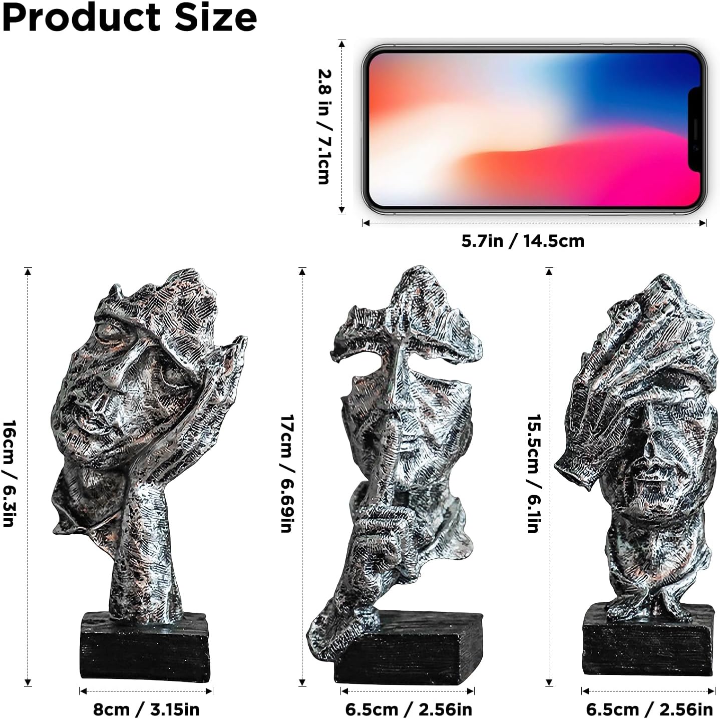 3 Pcs Thinker Statue, Silence is Silvery Abstract Art Figurine, Modern Home Resin Decorative Objects Decor for Home Office Bookshelf Desktop,No Hear No See No Speak Knick Knacks