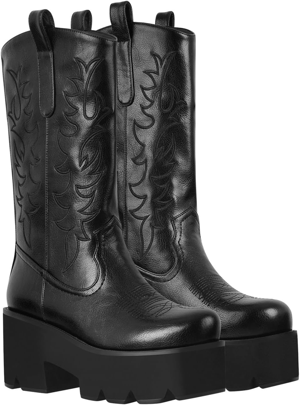 Onlymaker Knee High Platform Boots for Women Chunky Heel Embroidered Butterfly Western Cowboy Cowgirl Boots