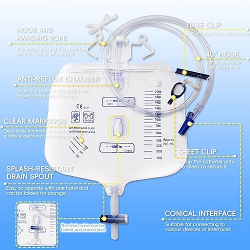 Miniatura 3 de Bolsas de catéter, bolsa de drenaje urinario con cámara antirreflujo, bolsa de orina multifuncional, con clips y escape de aire activo para colgar,