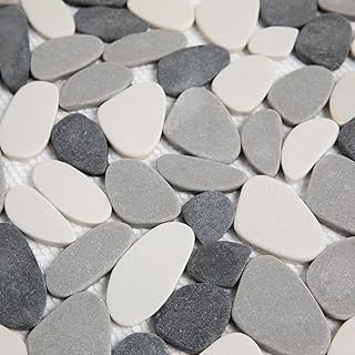Lovdeco White and Grey Pebble Tile Shower Floor, Elongated Mosaic Pebble...