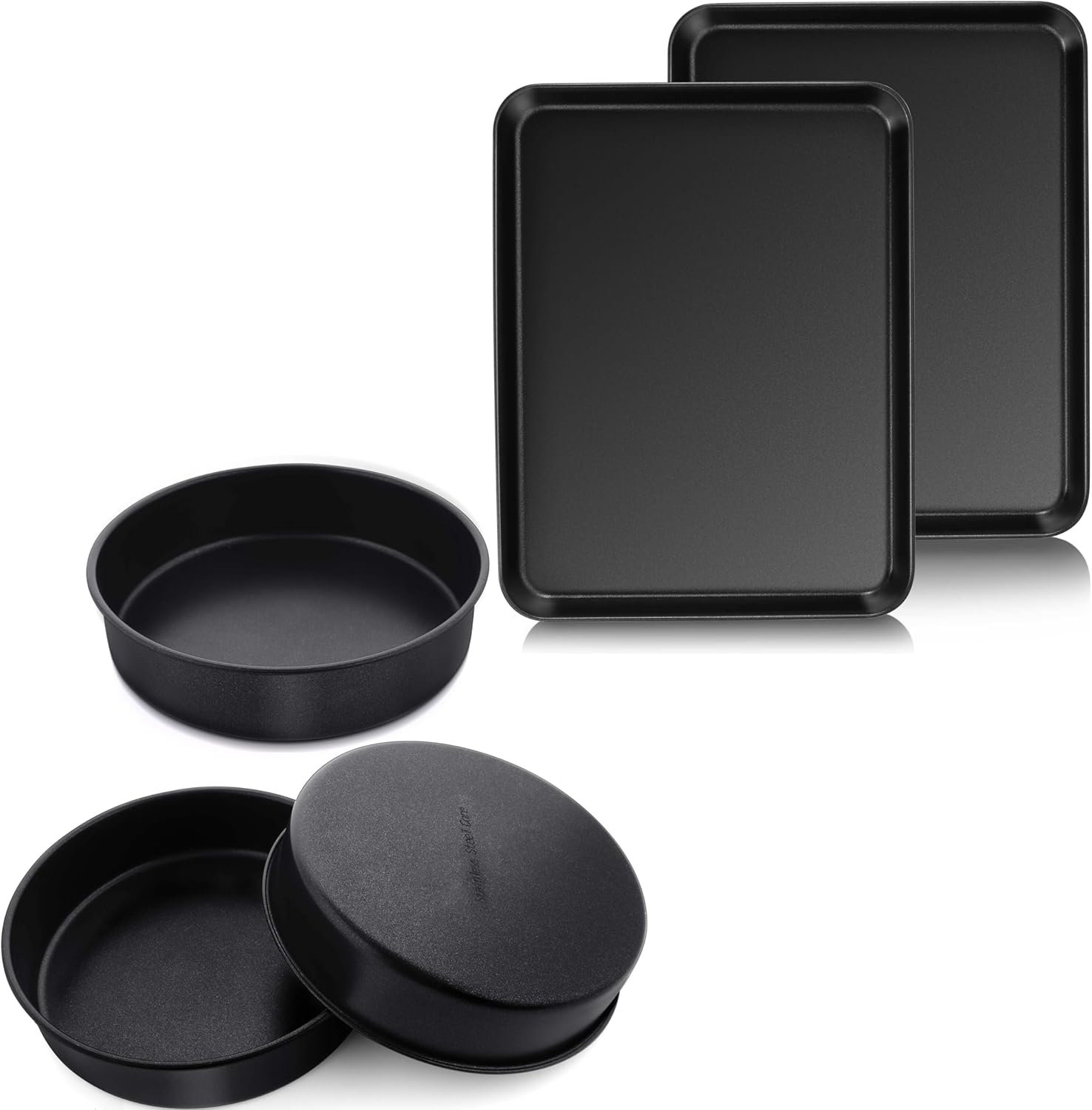 Herogo 8 Inch Round Cake Pan Set of 3 & Baking Sheet Pan Set of 2, Black Nonstick Round Baking Pan with 9.4×12.2×1'' Cookie Sheet Bakeware Set