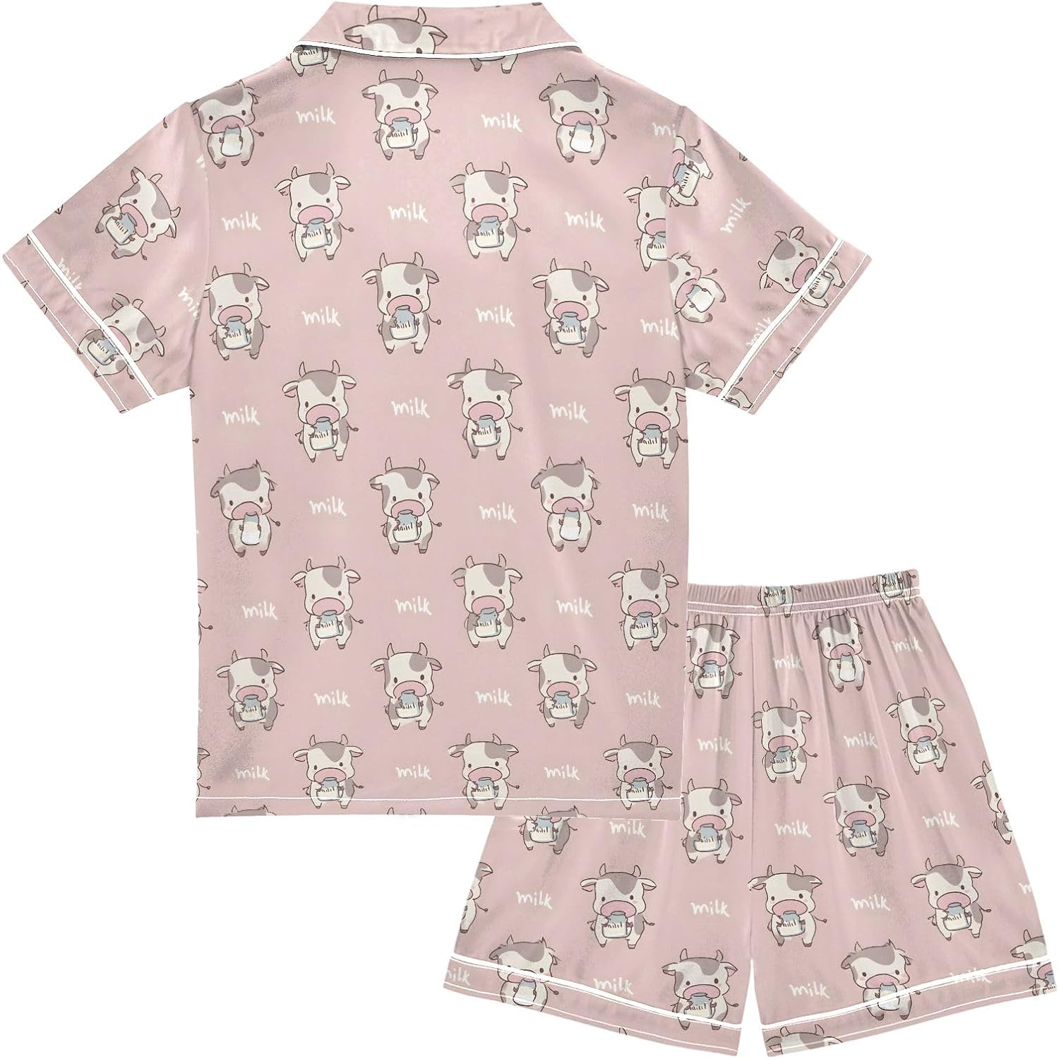 Kids Satin Wear Set Cartoon Cow Pattern Relaxing Clothing Short Sleeve and Shorts