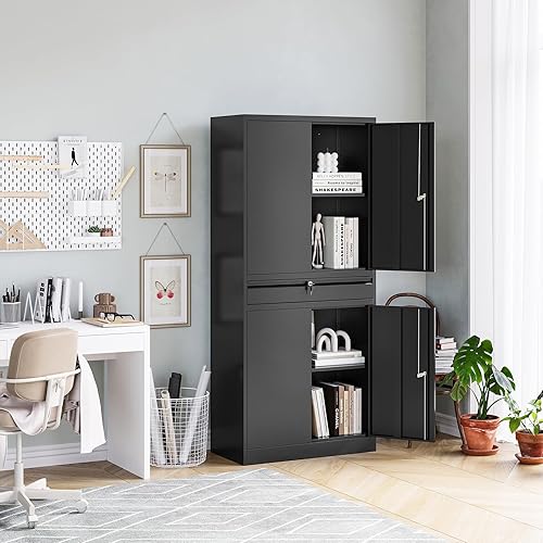 Vista 142 de MIIIKO Armario de almacenamiento de metal con puertas de bloqueo, armarios de acero con cerradura de garaje negro con 4 puertas y 5 estantes