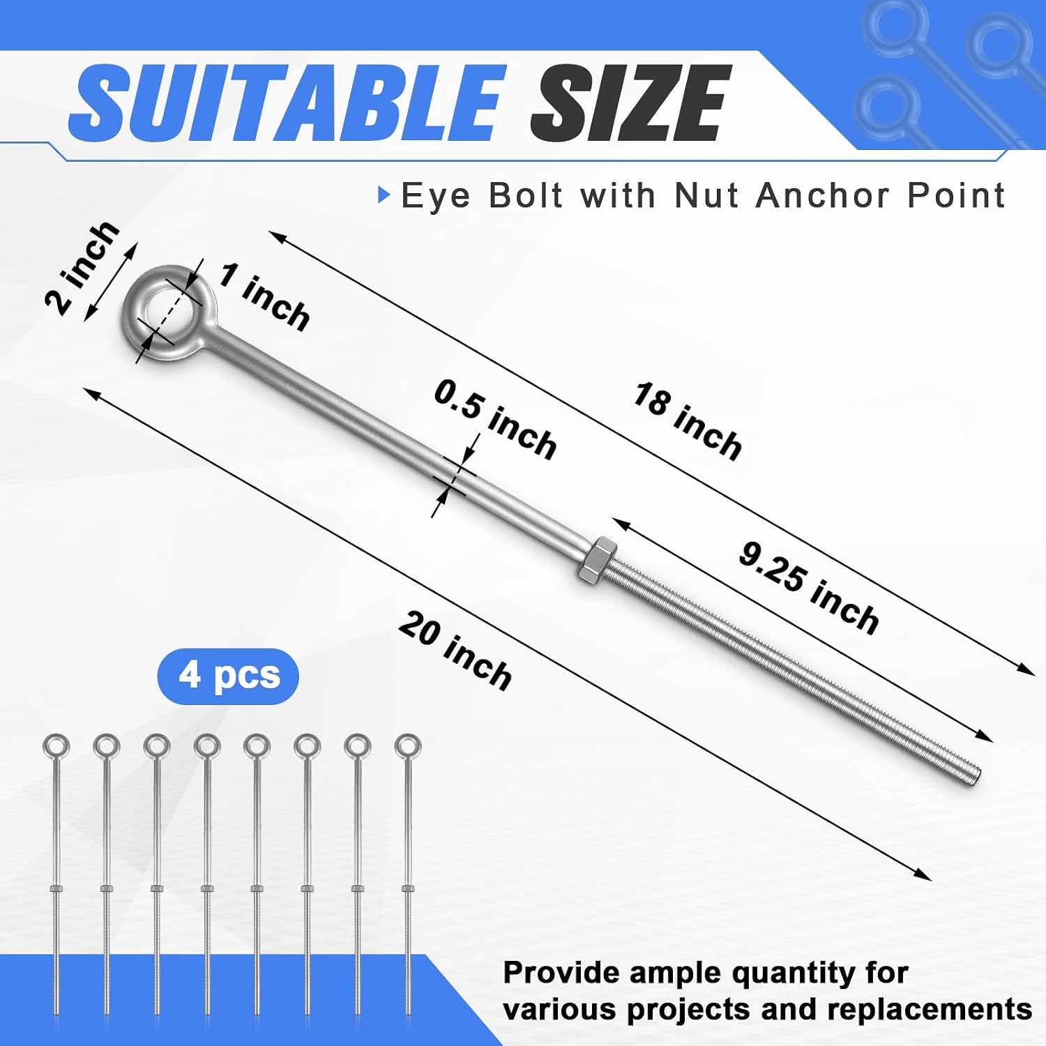 LEIFIDE 4 Pack 1/2" x 18" Eye Bolt with Nut, Hot Dipped Galvanized Heavy Duty Rigging Zinc Eye Bolt Anchor Point for Wood Chain, Wire Rope, Lifting, Construction and Outdoor Anchoring