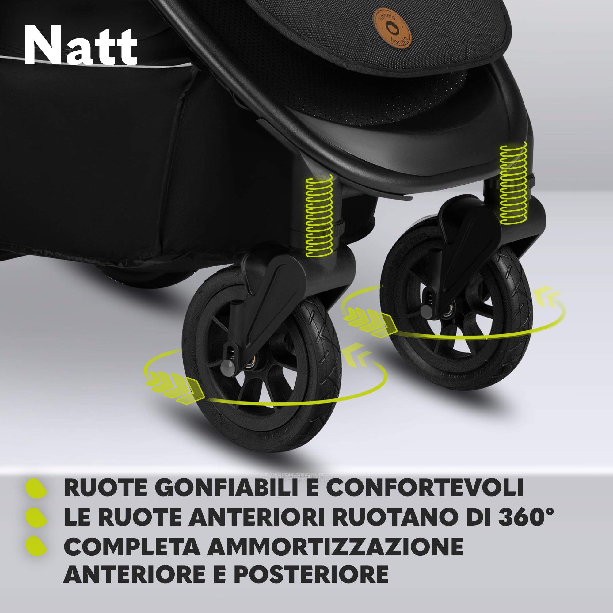 LIONELO Natt Passeggino Compatto Pieghevole per Bambini Da 0 fino a 22 kg | Dalla Nascita, Schienale Reclinabile, Poggiapiedi Regolabile, Cinture a 5 Punti, Grandi Ruote, Sospensioni, Cappottina XXL