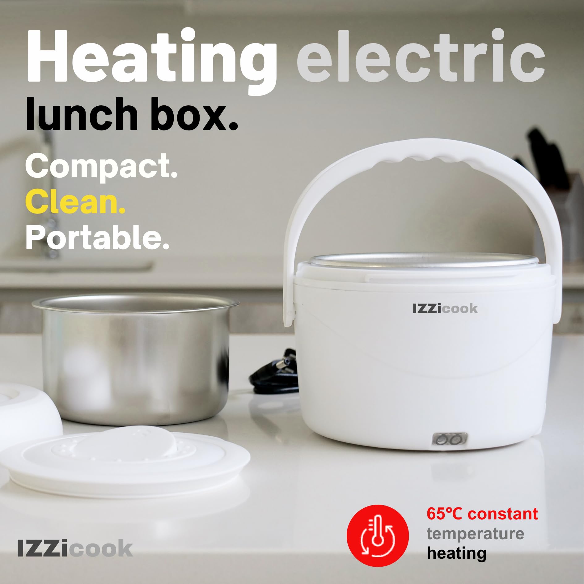 IZZi cook - Fiambrera calentadora para adultos, calentador eléctrico de 1.2 L y calentador de alimentos, solución de comida portátil para oficina, viajes y escuela con tapa a prueba de fugas y