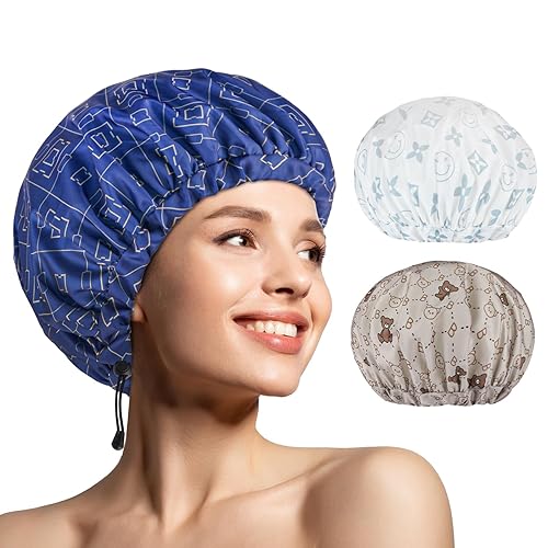 3 gorros de ducha para mujer, cómodos y extra grandes y de doble capa, impermeable, diseño de gran tamaño, dobladillo ajustable para todas las