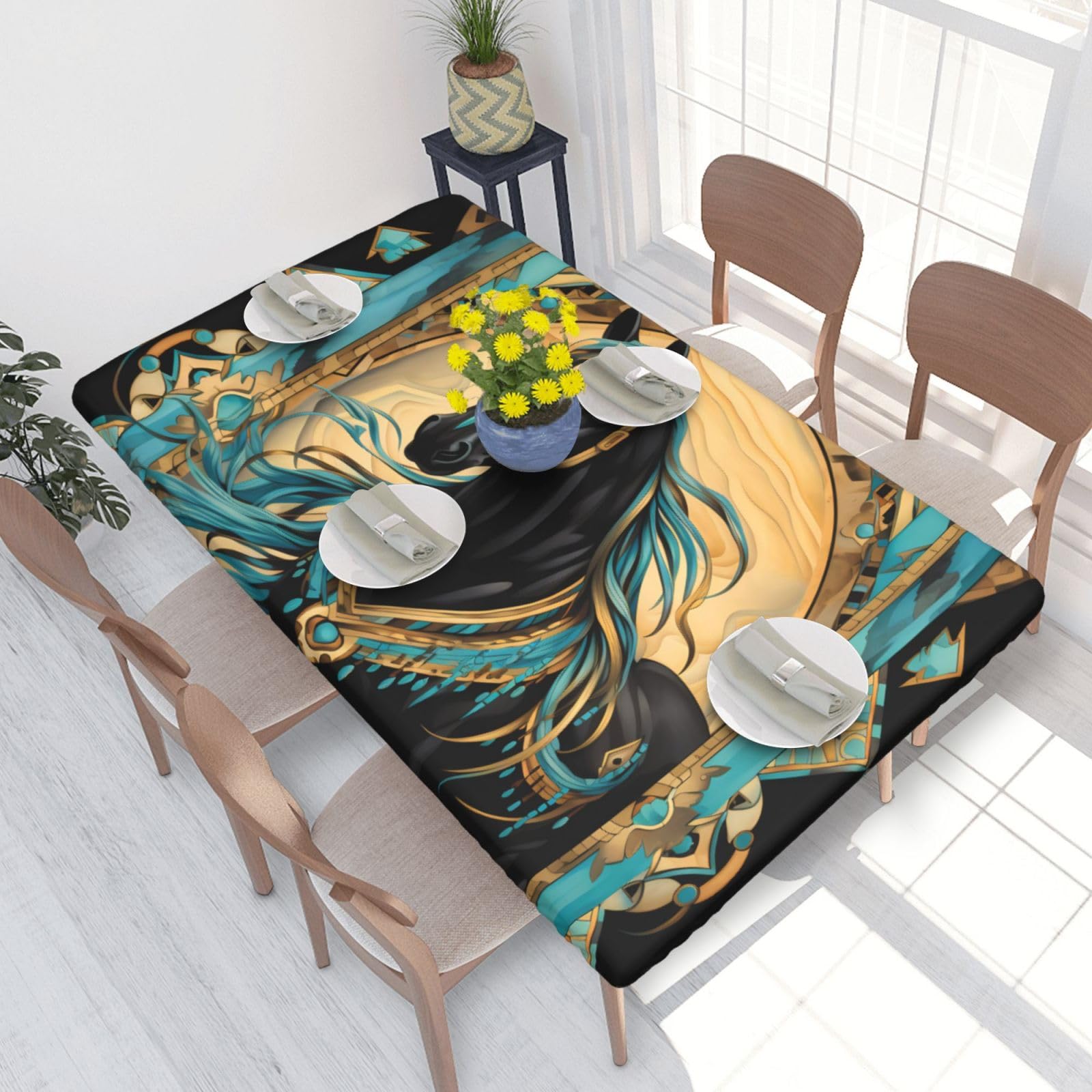 Horse Waterproof Square Table Cover Elastic Fitted Tablecloth Oil Proof Table Protector For 4ft Table