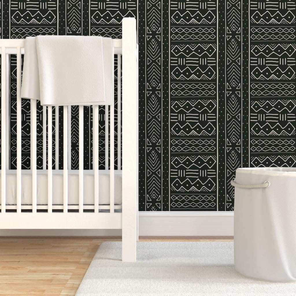 Peel & Stick Wallpaper Swatch - African Inspired, Mudcloth, Bone White On Black, Tribal, Boho Custom Removable Wallpaper by Spoonflower