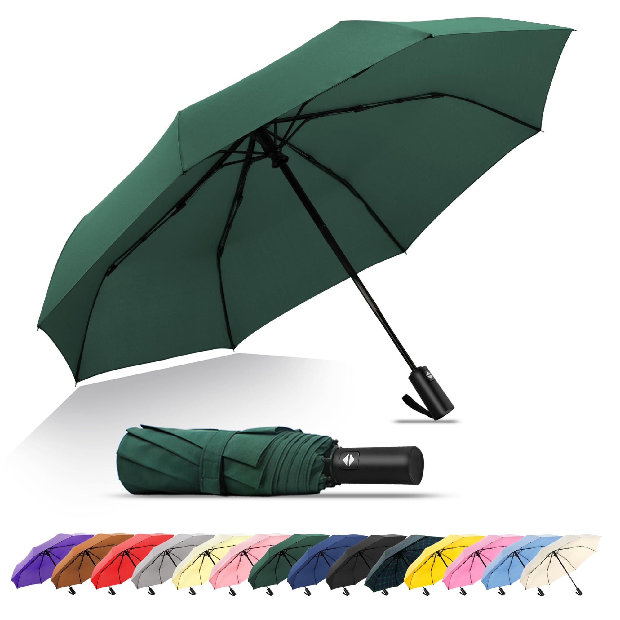 Soulrain Green Travel Umbrella - Windproof And Compact Umbrella For Rain - Perfect Large Auto Folding Umbrella - Ideal Car Umbrella, Golf Umbrella, And Travel Companion (Green)
