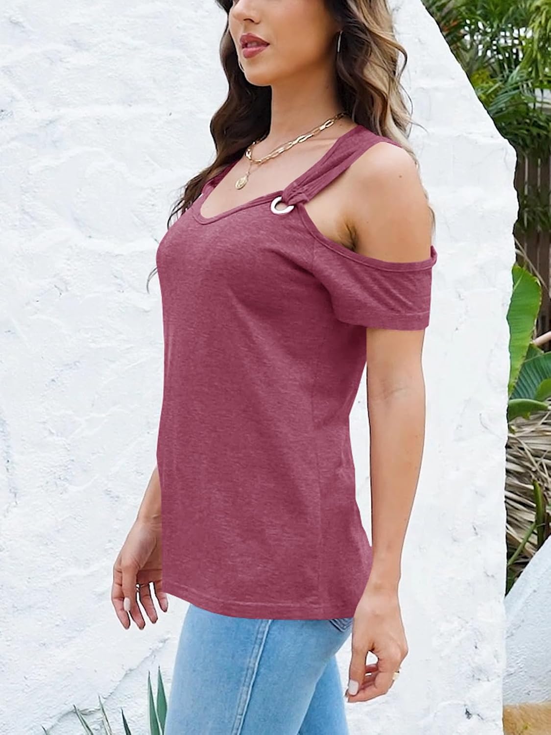 Women O Ring Cold Shoulder Cute Shirts Casual Loose Fit Short Sleeve Shirt Gradient Notched Neck Casual Tee - Image 5