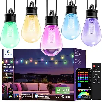 APPECK RGBW Outdoor String Lights 200ft, Smart Patio Light with 60 LED Bulbs