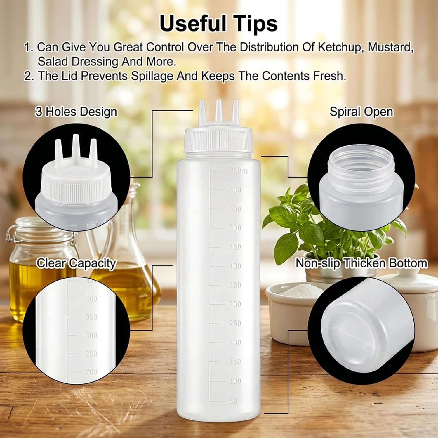 3 Hole Squeeze Bottles for Sauces, Leak-Proof Condiment Dispenser, Plastic Condiment Squeeze Bottles, Squeeze-Squirt Bottle, Clear Squeeze-Bottle, Restaurantware for Sauces, Cream (24.5x6.5cm)