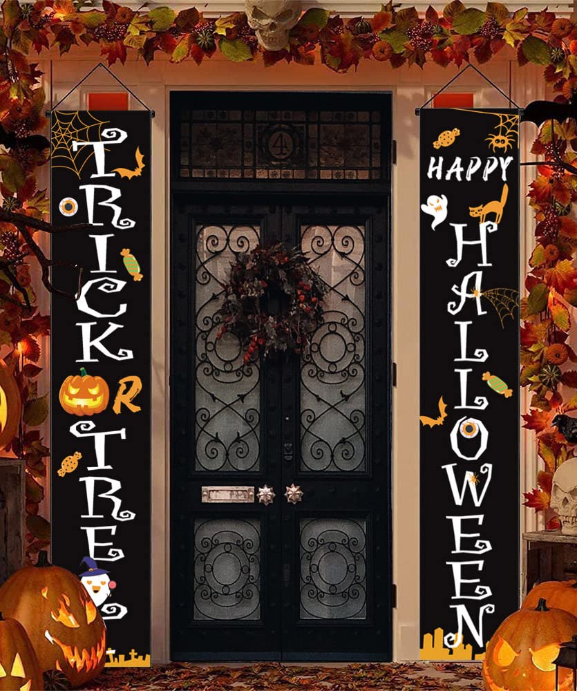 Halloween Decorations Outdoor Indoor Banner,Trick or Treat & Hocus Pocus Halloween Welcome Hanging Porch Sign witch for Front Door Decor Outside Home Party Yard Garden Party Supplies(Orange)