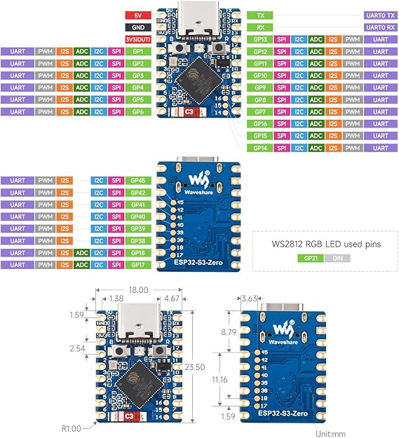 Waveshare ESP32-S3 Mini Development Board, Based On ESP32-S3FH4R2, Onboard Multi-Function GPIO Pins, Dual-Core Processor, 240MHz Running Frequency, 2.4GHz Wi-Fi & Bluetooth 5