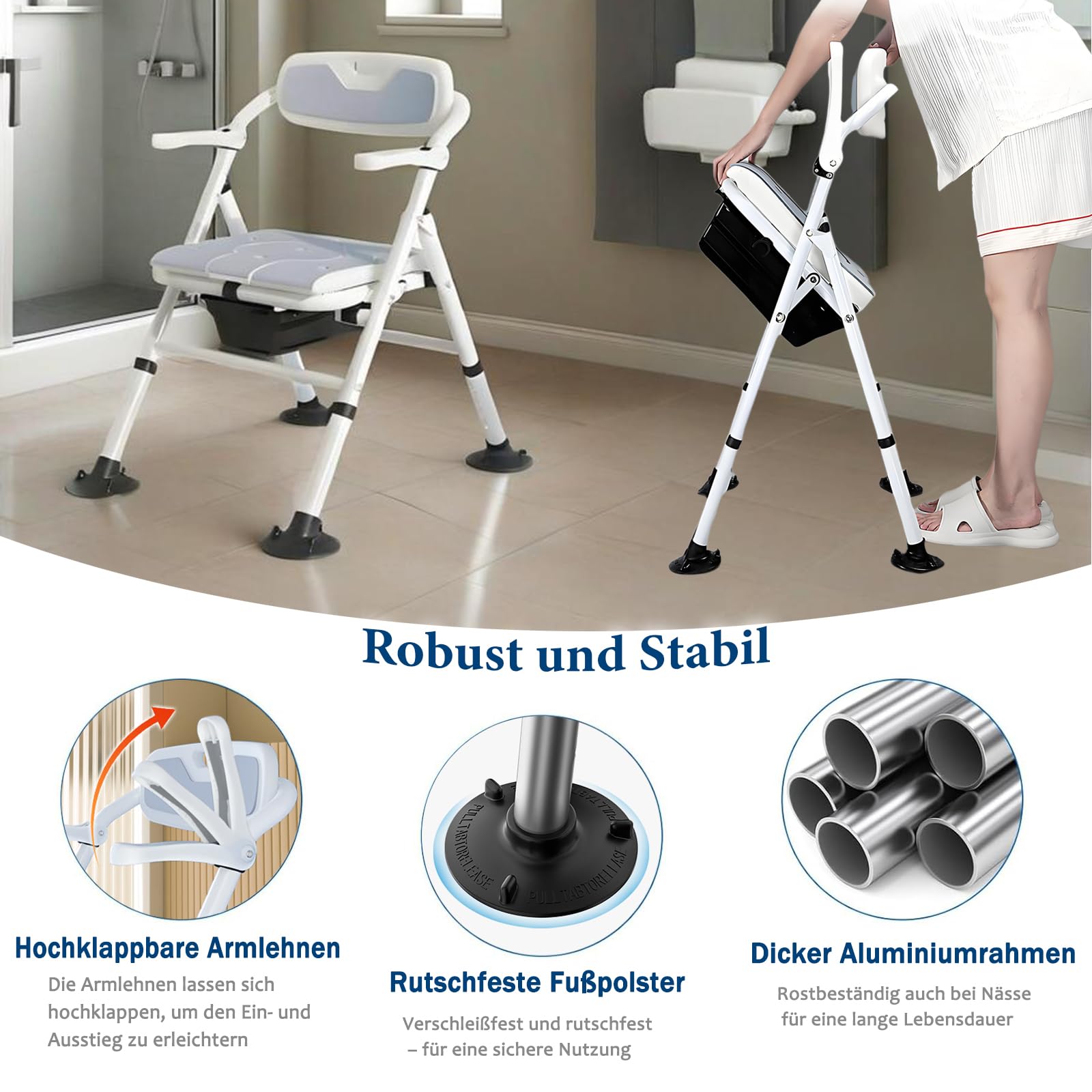 Toilettenstuhl für Senioren Höhenverstellbar, WC Stuhl Klappbar aus Aluminium, Duschstuhl Klappbar, Faltbar Nachtstuhl mit Armlehne und Rückenlehne, Badezimmerstuhl bis 150 Kg