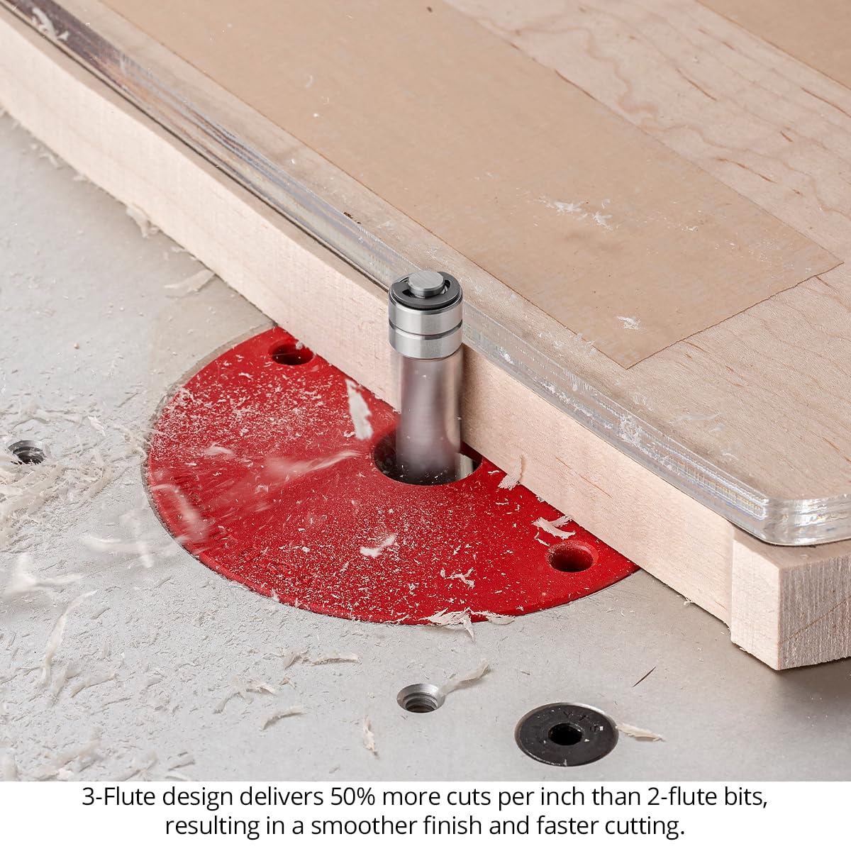 Solid Carbide Flush Trim Router Bits, 1/2" CD, 1/2" SH, 2" CL, 3FL, Up Cut, USA Made Spiral Bit, Twin Bearing for Template & Pattern