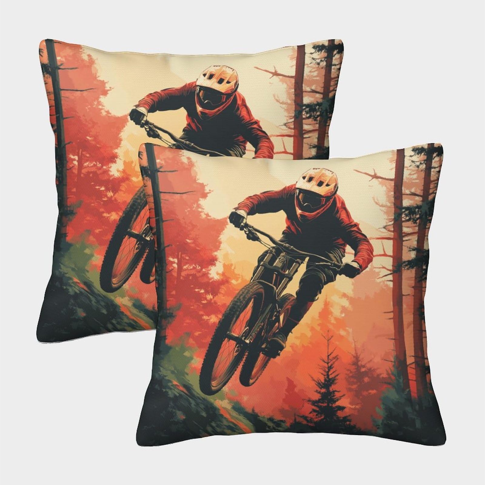 kaiyun 2 Pack Jumping Mountain Biker,Forest, Rocks Pillow Case 40x40cm Throw Pillow Case,Modern Decoration Pattern for Terrace Sofa Bedroom Indoor Outdoor Party