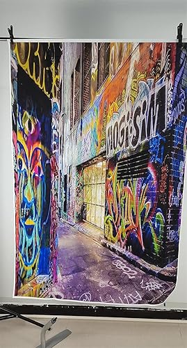 Miniatura 4 de AOFOTO Fondo de fotografía de pared con graffiti callejero de 8 x 10 pies, colorido grunge, callejón de la ciudad, decoración de fiesta, música