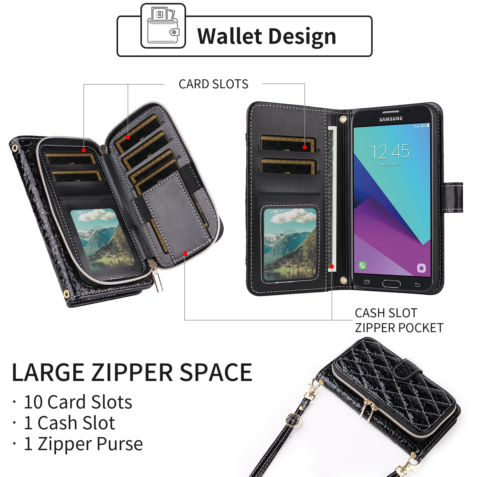 Argyle - Custodia a portafoglio per Samsung Galaxy J7 Prime 2017 J 7 Skypro Sky Pro J7V V S727VL con tracolla e cinturino da polso, cavalletto e cerniera, antiurto, colore nero