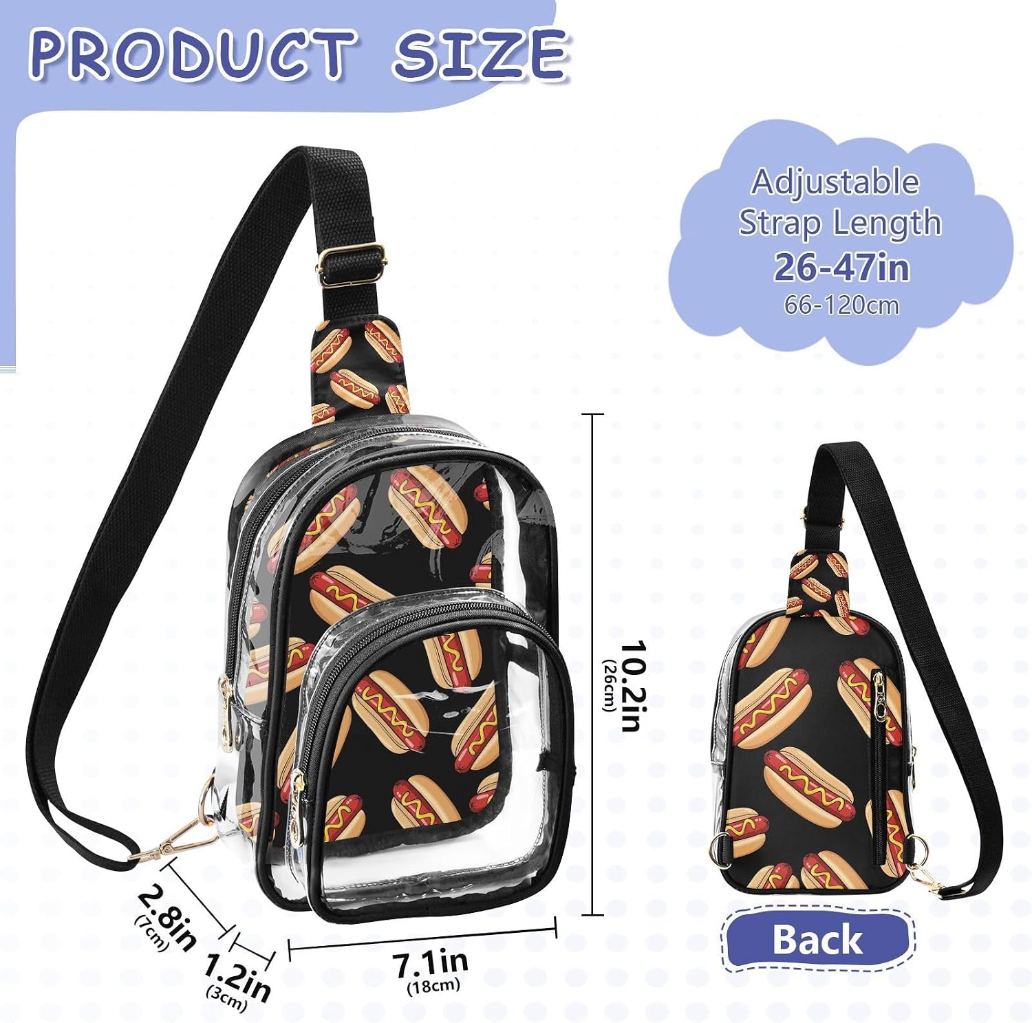 Sinestour Hotdog Black print Clear Crossbody Bag Stadium Approved, Small Clear Purse for Women, Transparent See Through Sling Backpack for Travel Concerts Sports Events