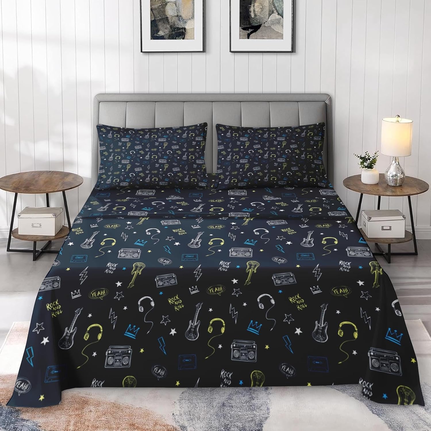 Pamnest Queen Size Bed Sheet Sets, Rock Roll Guitar Retro Microfiber 4 Pcs Bedding Sets for Kids and Adults Bedroom Bed Decor, Vintage Musical Flat Sheet, Fitted Sheet and 2 Pillowcases