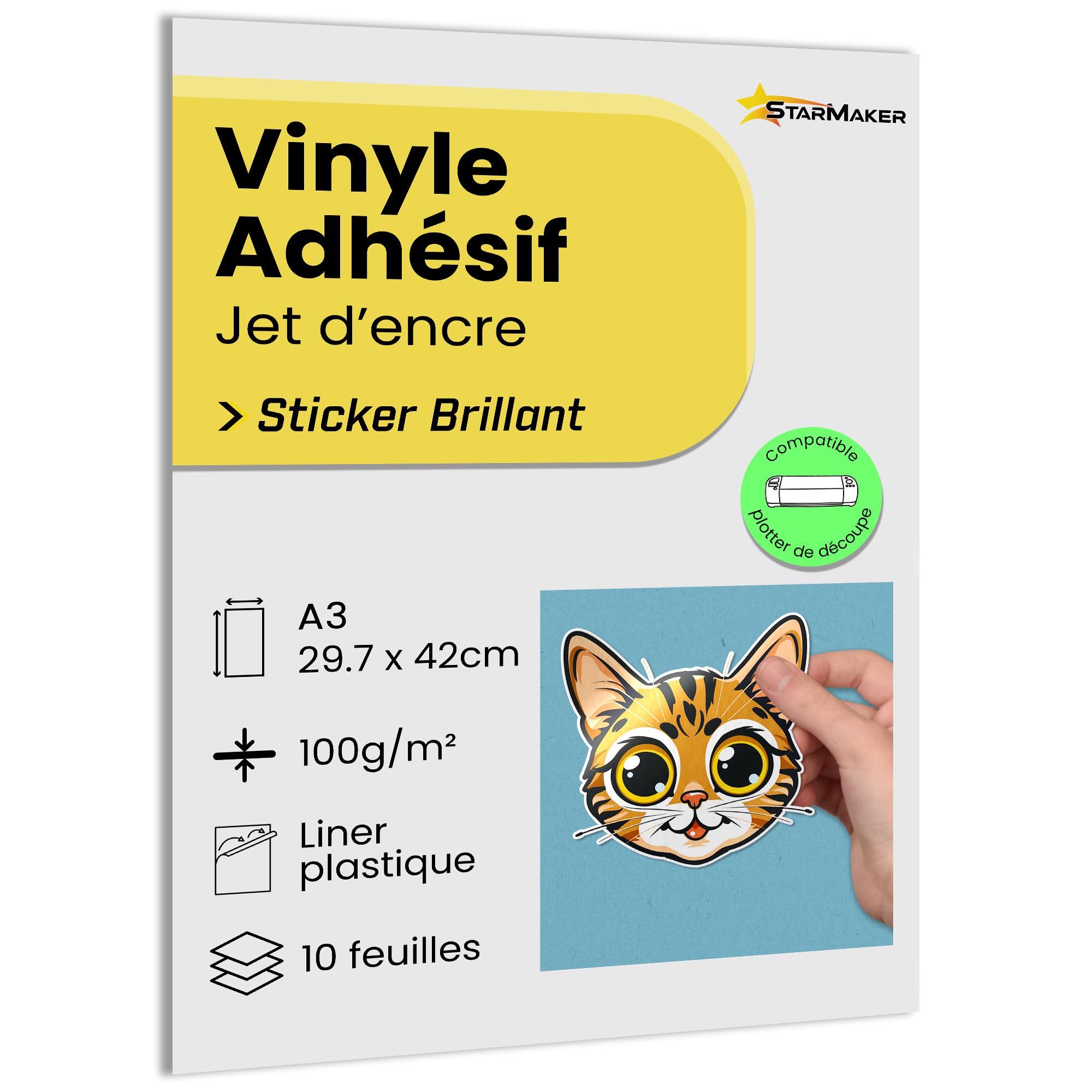 10 fogli A3 - Vinile adesivo lucido con liner plastico - Carta autoadesiva stampabile per stampanti Inkjet, resistente all’acqua e duratura - Ideale per adesivi premium